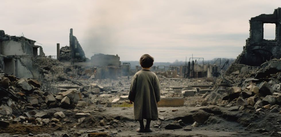 It is war. A frightened child stands before ruins